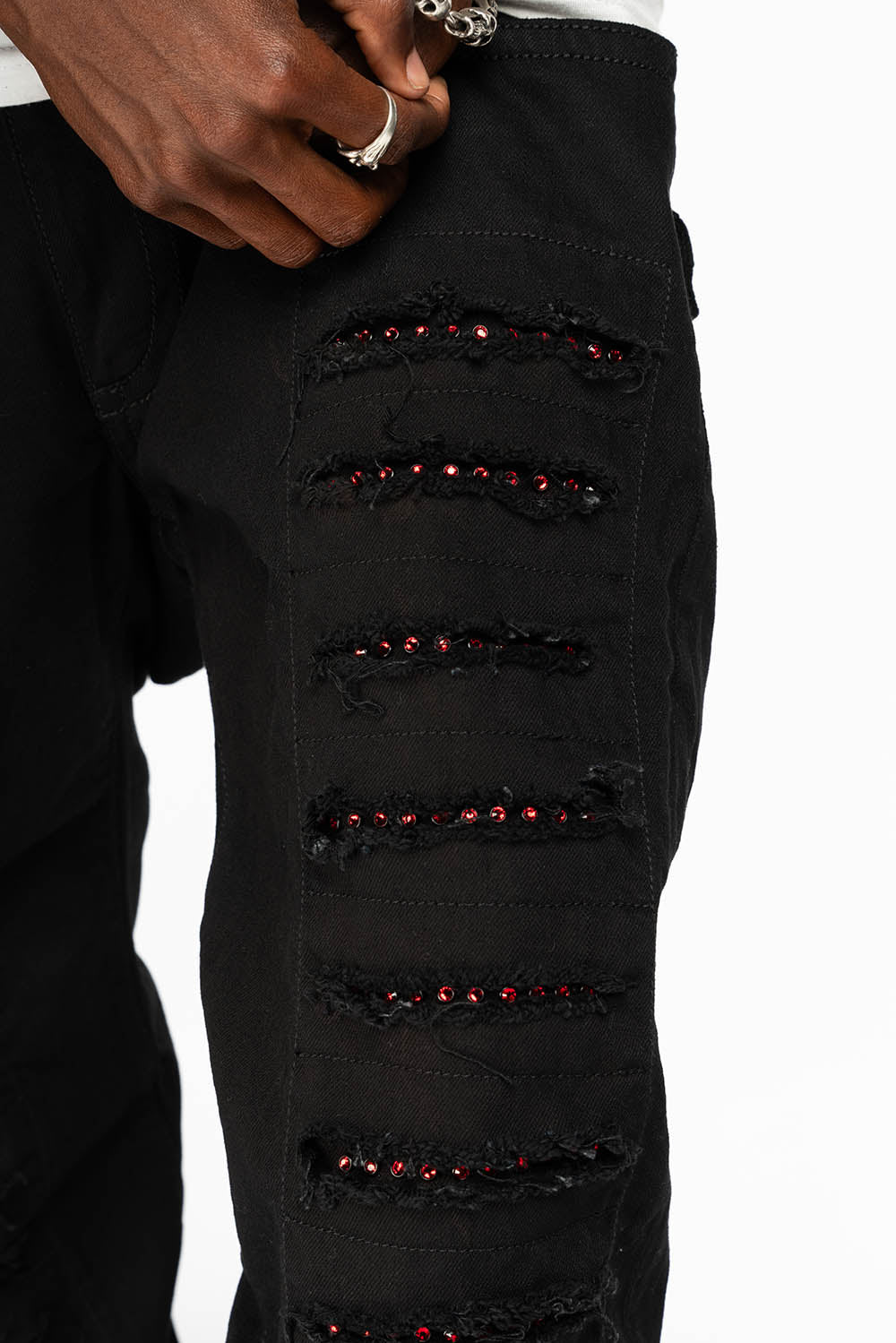 GYPSY  REPAIRED STRAIGHT LEG JEANS IN PURE BLK AND EMBELLISHED WITH RED CRYSTALS - Image 2