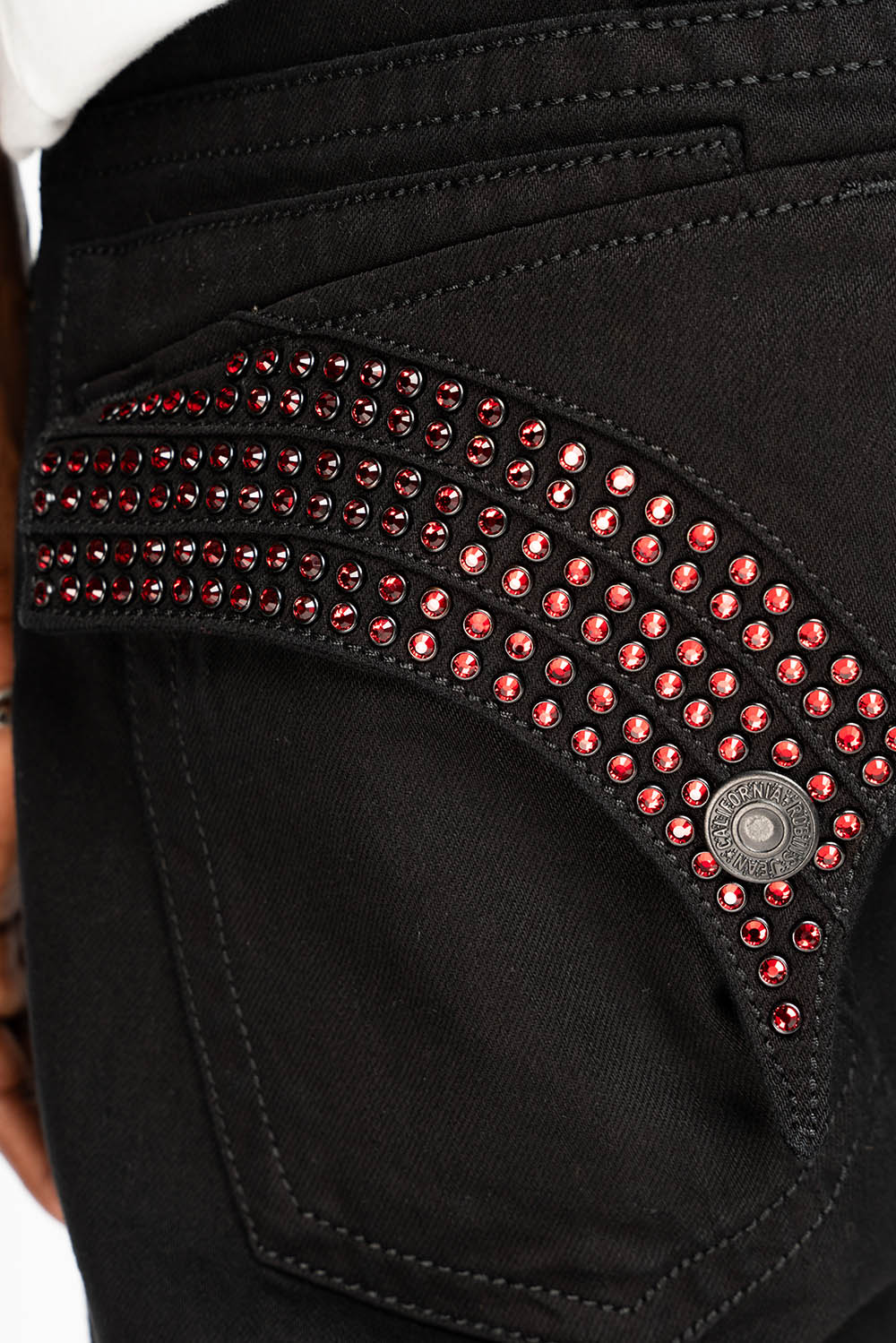 GYPSY  REPAIRED STRAIGHT LEG JEANS IN PURE BLK AND EMBELLISHED WITH RED CRYSTALS - Image 3