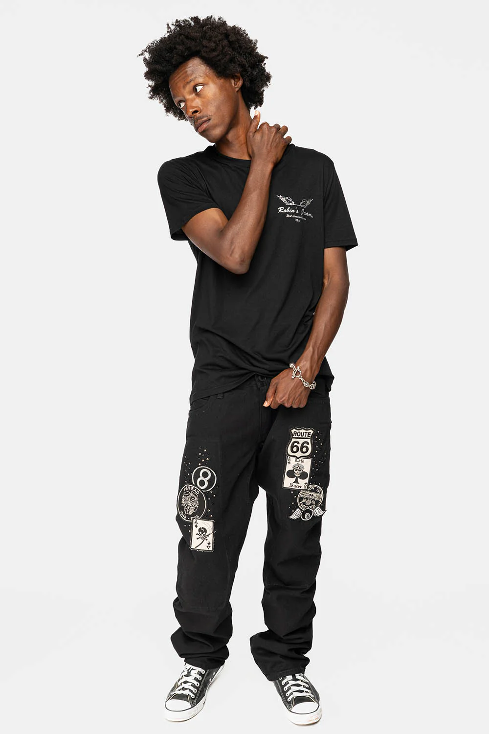 GYPSY STRAIGHT LEG JEANS WITH PATCHES EMBELLISHED WITH CRYSTALS IN PURE BLK
