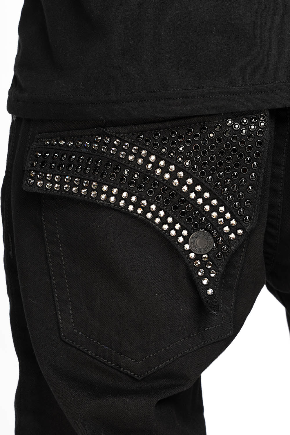 GYPSY STRAIGHT LEG JEANS WITH PATCHES EMBELLISHED WITH CRYSTALS IN PURE BLK - Image 2