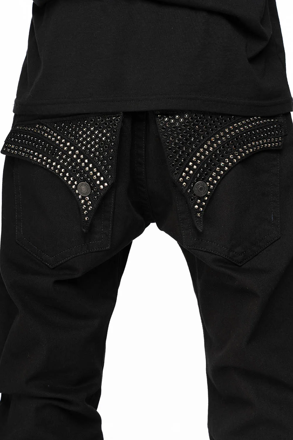 GYPSY STRAIGHT LEG JEANS WITH PATCHES EMBELLISHED WITH CRYSTALS IN PURE BLK - Image 4