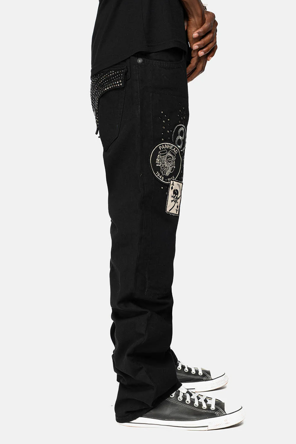 GYPSY STRAIGHT LEG JEANS WITH PATCHES EMBELLISHED WITH CRYSTALS IN PURE BLK - Image 6