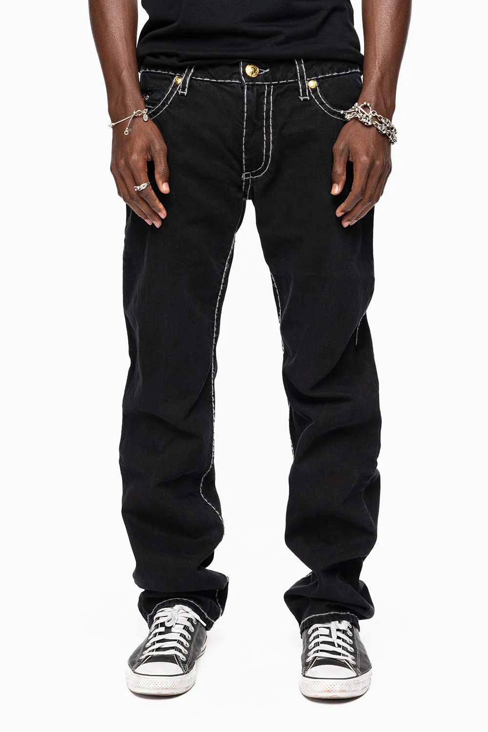 HEAVY STITCH JEANS IN PURE BLACK WITH WHITE CONTRAST EMBELLISHED WITH MULTI-COLOR CRYSTALS - Image 3