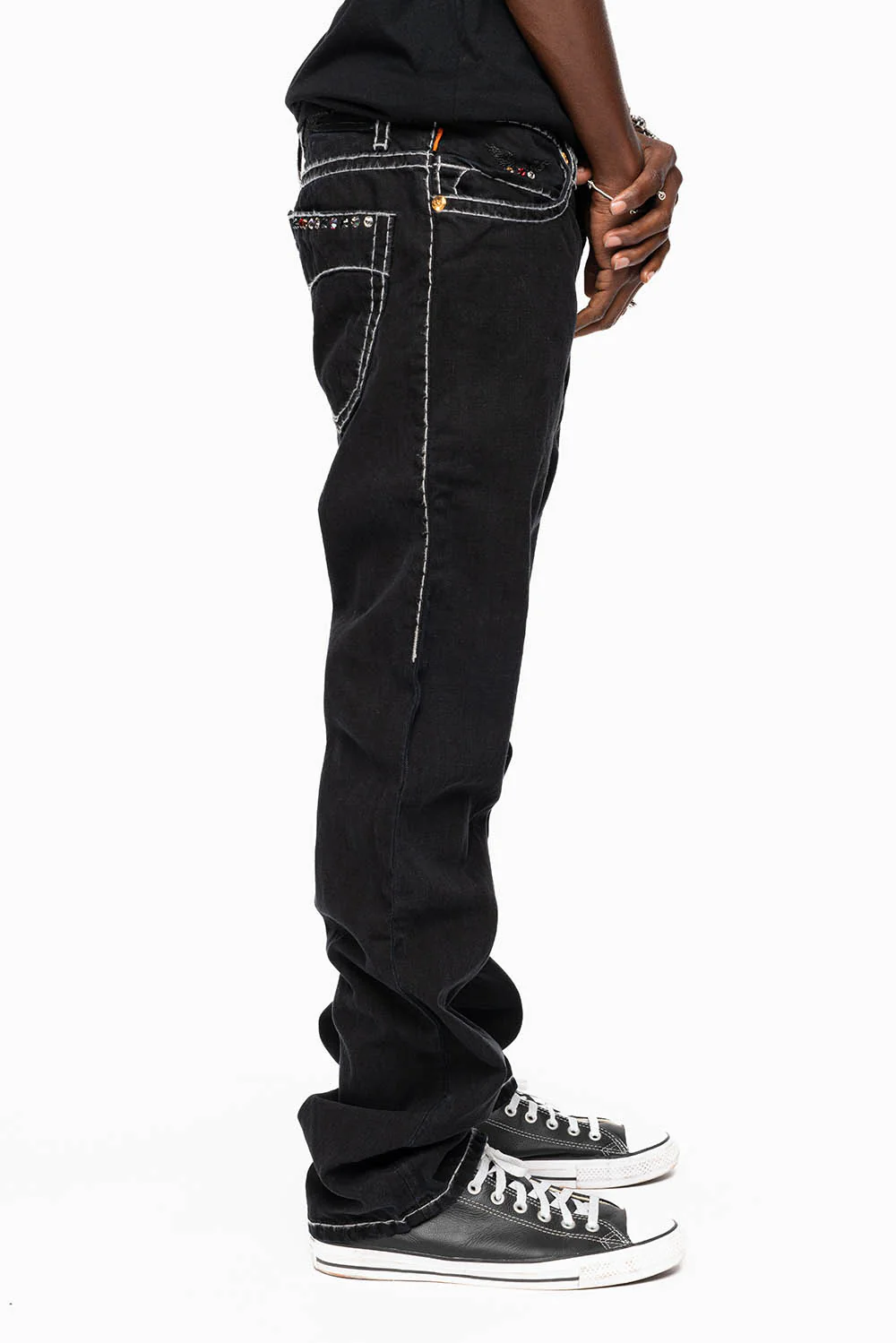 HEAVY STITCH JEANS IN PURE BLACK WITH WHITE CONTRAST EMBELLISHED WITH MULTI-COLOR CRYSTALS - Image 4