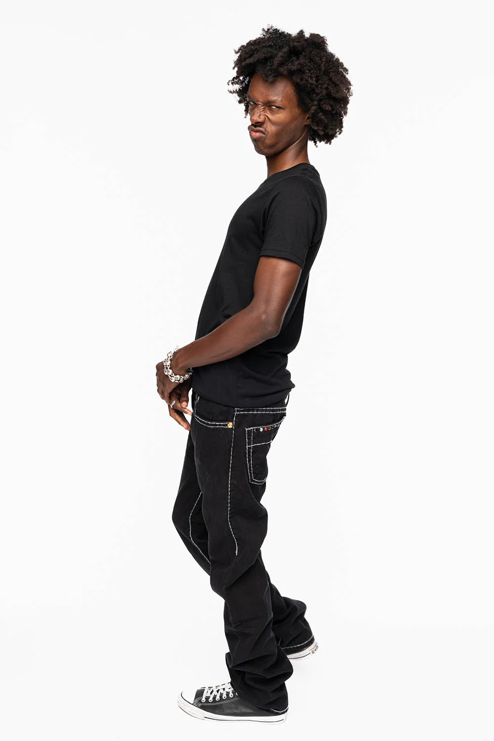 HEAVY STITCH JEANS IN PURE BLACK WITH WHITE CONTRAST EMBELLISHED WITH MULTI-COLOR CRYSTALS - Image 5