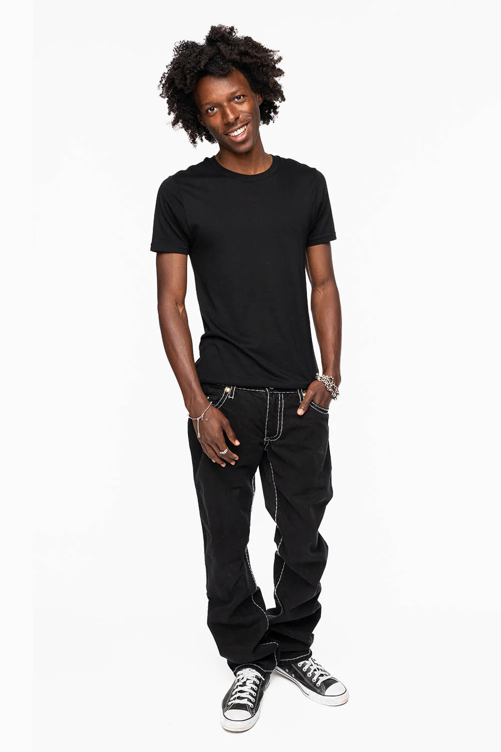 HEAVY STITCH JEANS IN PURE BLACK WITH WHITE CONTRAST EMBELLISHED WITH MULTI-COLOR CRYSTALS - Image 6