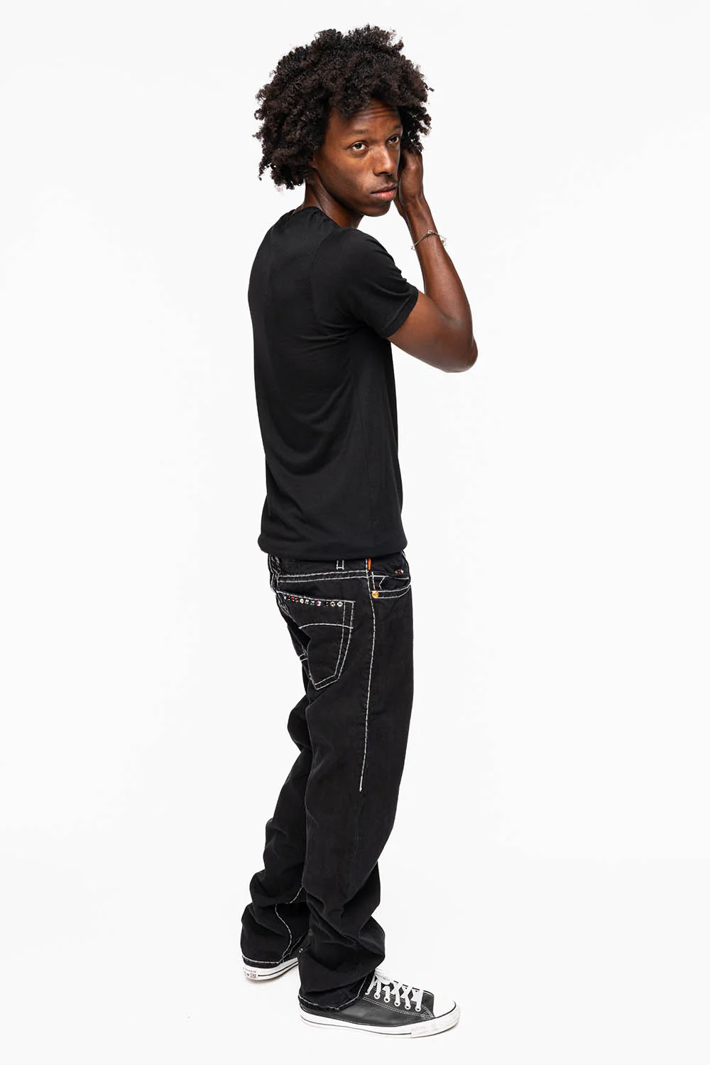 HEAVY STITCH JEANS IN PURE BLACK WITH WHITE CONTRAST EMBELLISHED WITH MULTI-COLOR CRYSTALS - Image 7
