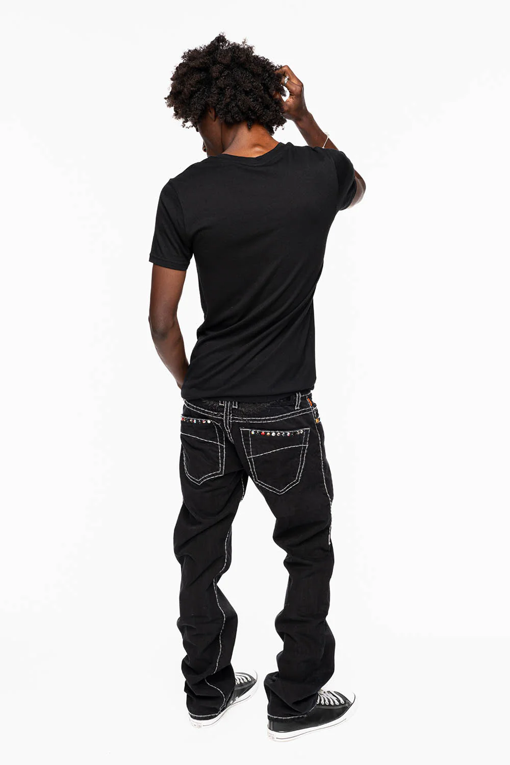 HEAVY STITCH JEANS IN PURE BLACK WITH WHITE CONTRAST EMBELLISHED WITH MULTI-COLOR CRYSTALS - Image 8