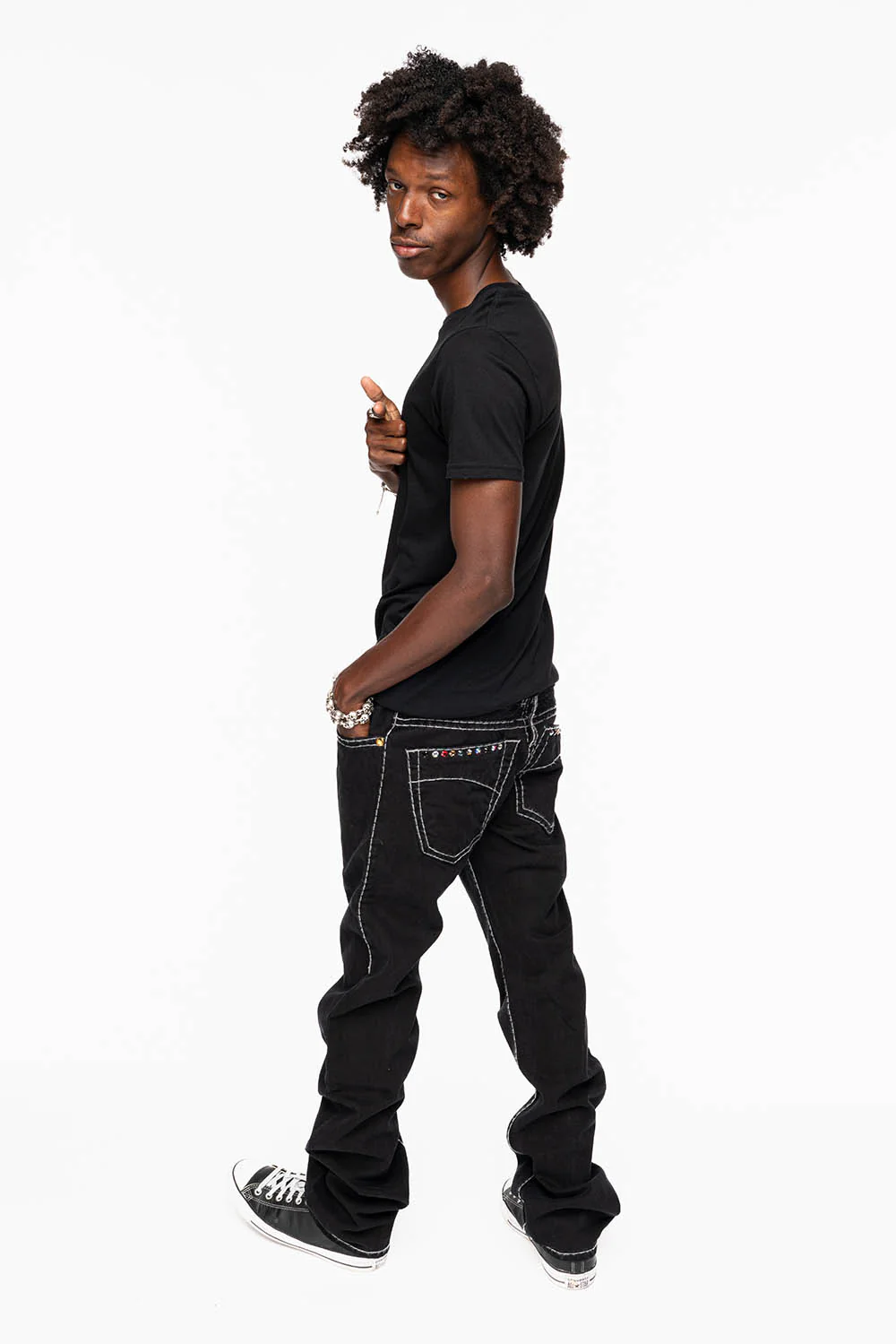 HEAVY STITCH JEANS IN PURE BLACK WITH WHITE CONTRAST EMBELLISHED WITH MULTI-COLOR CRYSTALS - Image 9
