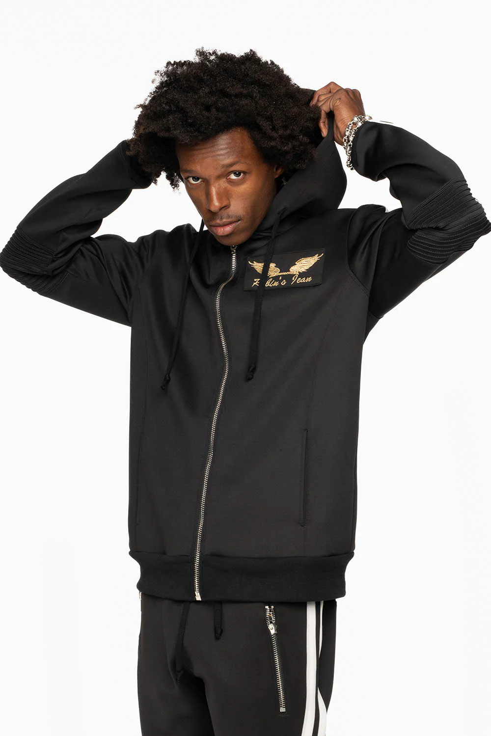 HOODED TRACK JACKET IN BLACK WITH WHITE STRIPE - Image 3