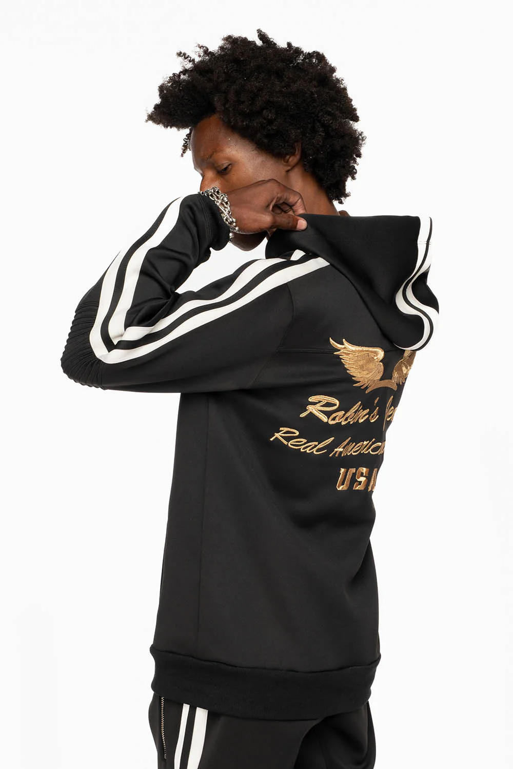 HOODED TRACK JACKET IN BLACK WITH WHITE STRIPE - Image 4