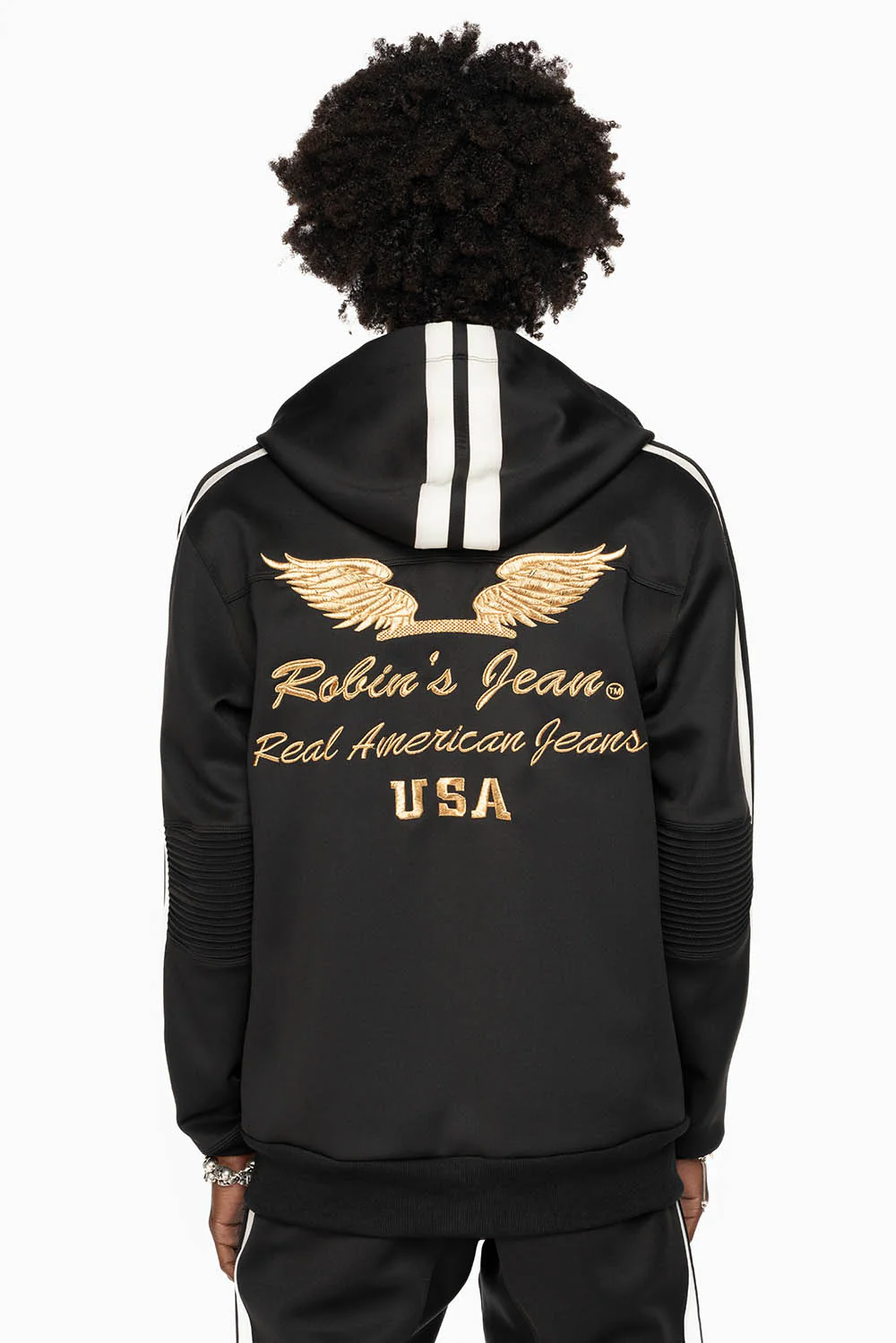 HOODED TRACK JACKET IN BLACK WITH WHITE STRIPE - Image 5