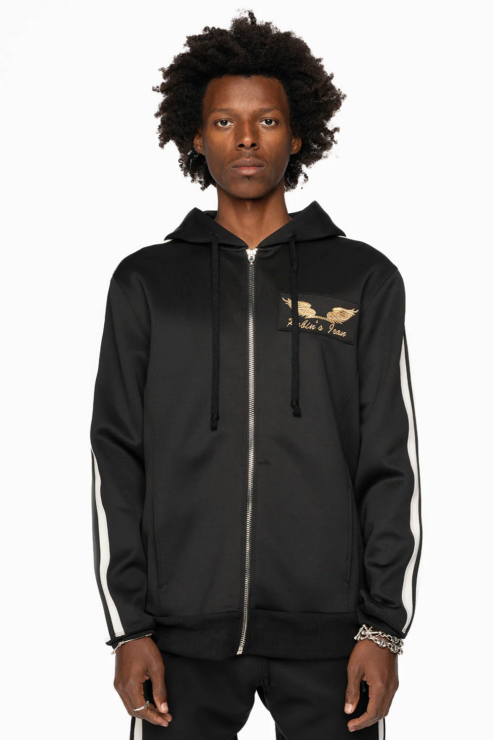 HOODED TRACK JACKET IN BLACK WITH WHITE STRIPE - Image 6