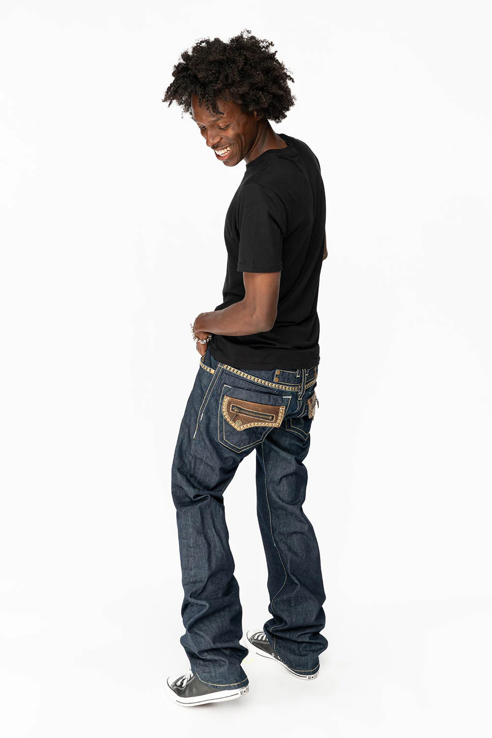 INDIAN W/BROWN LEATHER ZIPPER FLAPS IN RINSE WASH WITH STUDS