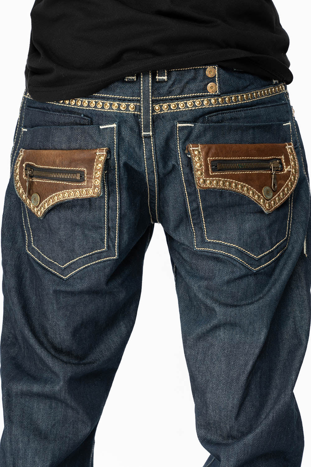 INDIAN W/BROWN LEATHER ZIPPER FLAPS IN RINSE WASH WITH STUDS - Image 2