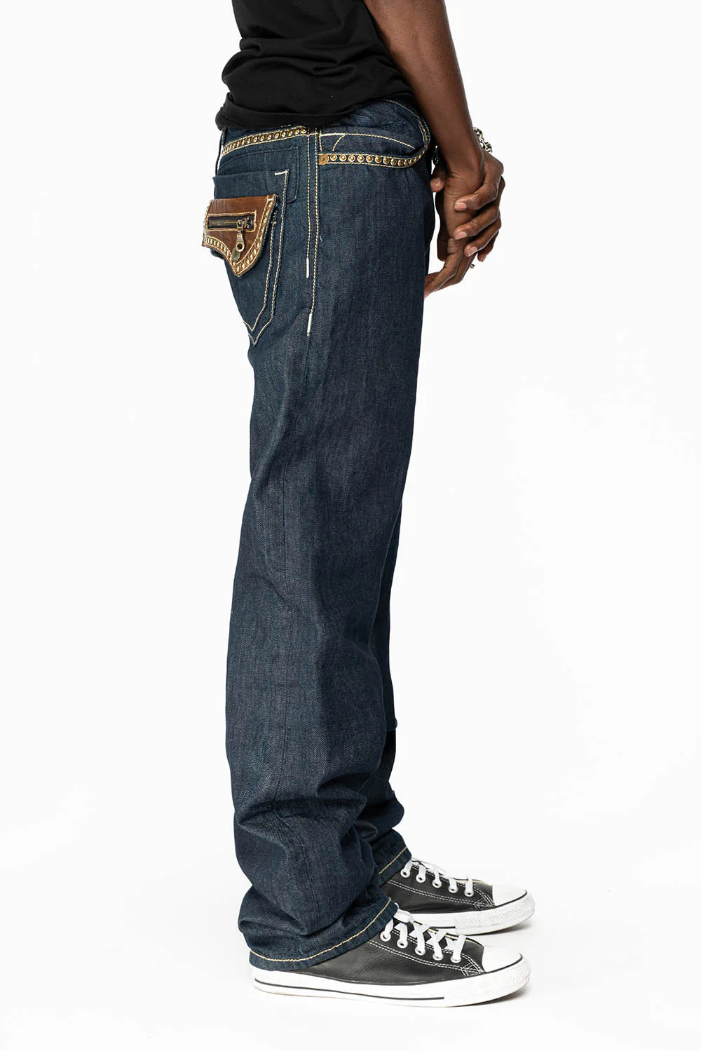 INDIAN W/BROWN LEATHER ZIPPER FLAPS IN RINSE WASH WITH STUDS - Image 4