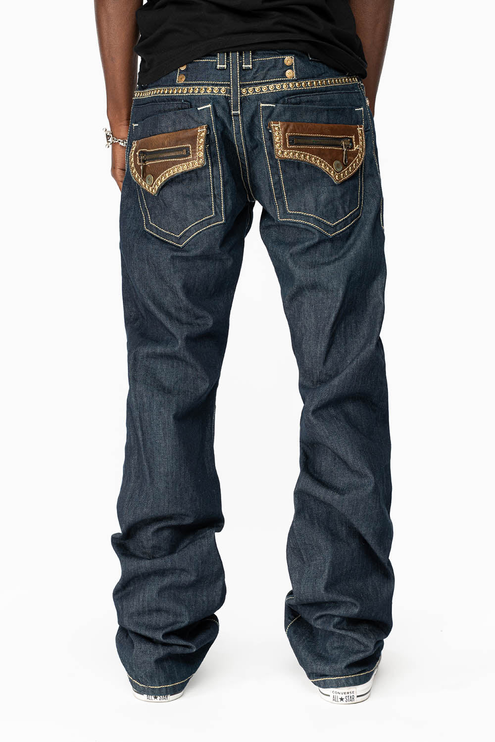INDIAN W/BROWN LEATHER ZIPPER FLAPS IN RINSE WASH WITH STUDS - Image 5