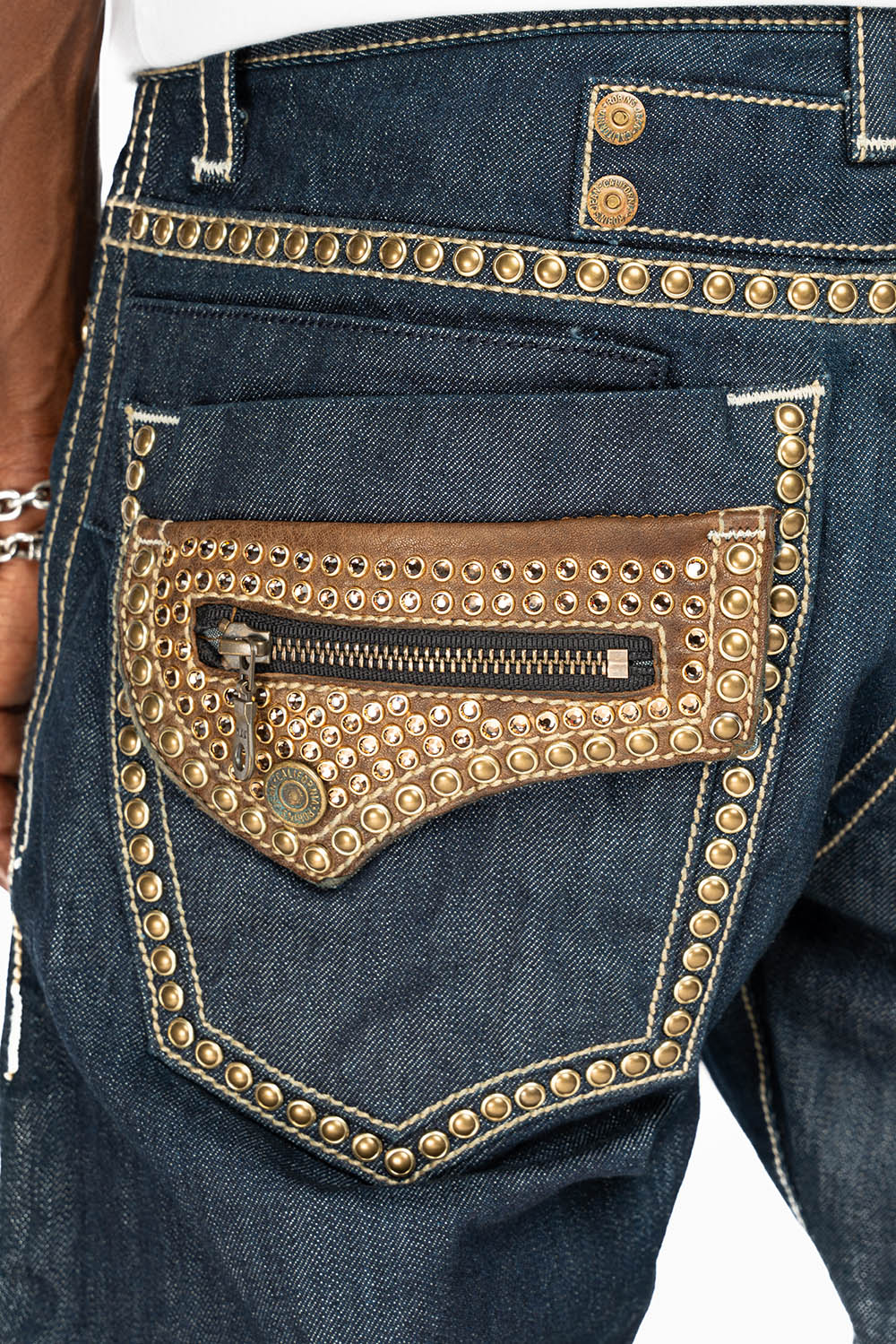 INDIAN WITH BROWN LEATHER ZIPPER FLAPS IN RINSE WASH WITH STUDS AND CRYSTALS - Image 2