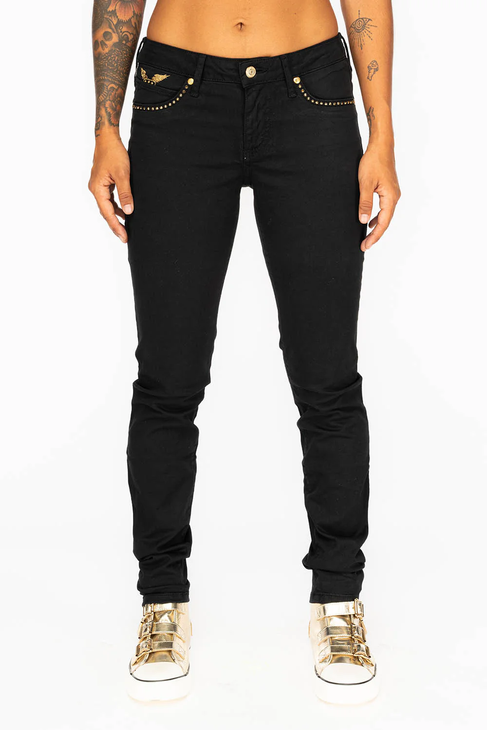 JANE MID RISE WOMENS SKINNY JEANS IN BLACK COATING WITH GOLD WINGS AND SMOKEY TOPAZ CRYSTALS - Image 3