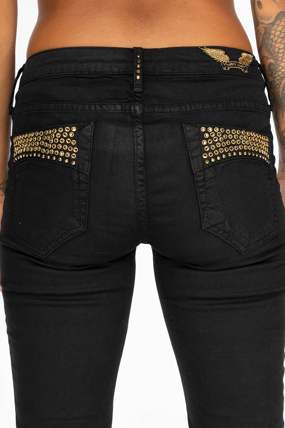 JANE MID RISE WOMENS SKINNY JEANS IN BLACK COATING WITH GOLD WINGS AND SMOKEY TOPAZ CRYSTALS - Image 5
