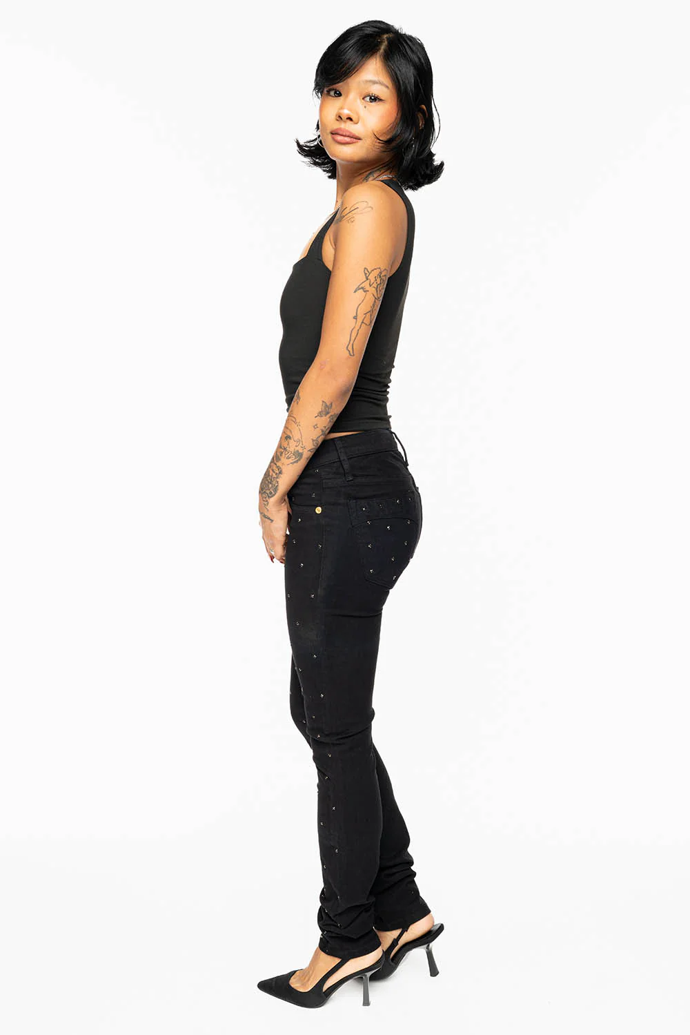 JANE MID RISE WOMENS SKINNY JEANS IN Blk WASH WITH JET BLK CRYSTALS ALL OVER - Image 10