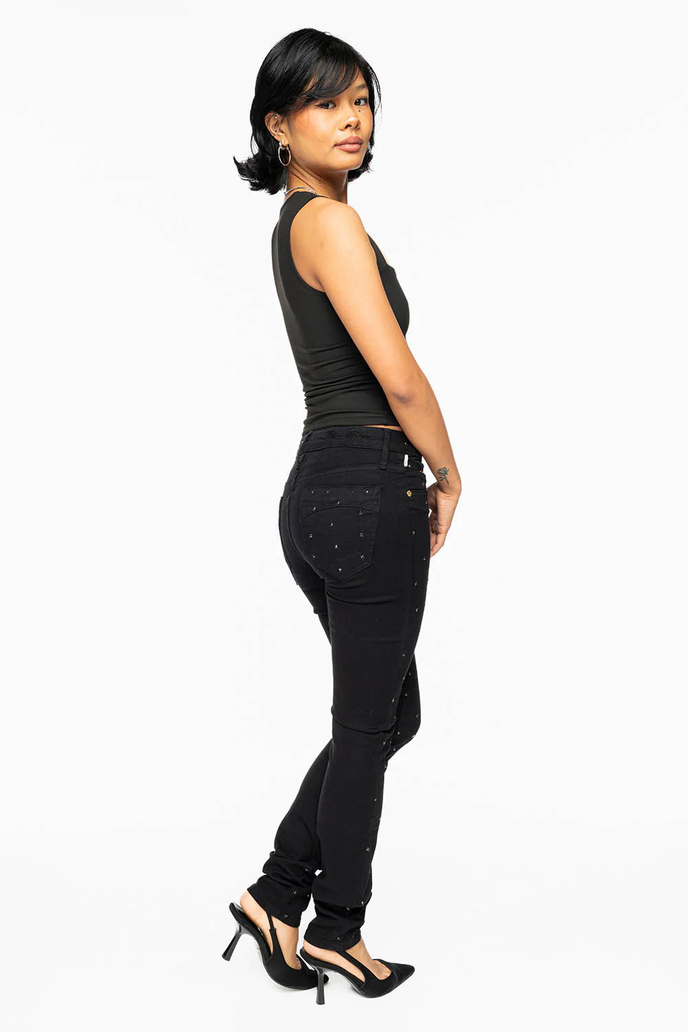 JANE MID RISE WOMENS SKINNY JEANS IN Blk WASH WITH JET BLK CRYSTALS ALL OVER - Image 12