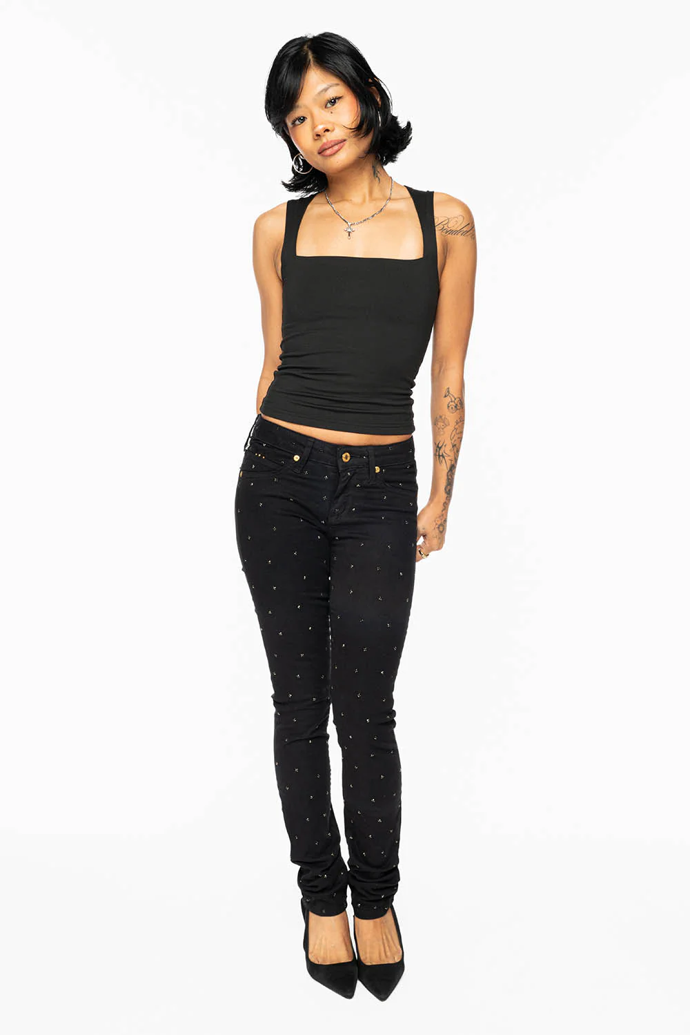 JANE MID RISE WOMENS SKINNY JEANS IN Blk WASH WITH JET BLK CRYSTALS ALL OVER - Image 8