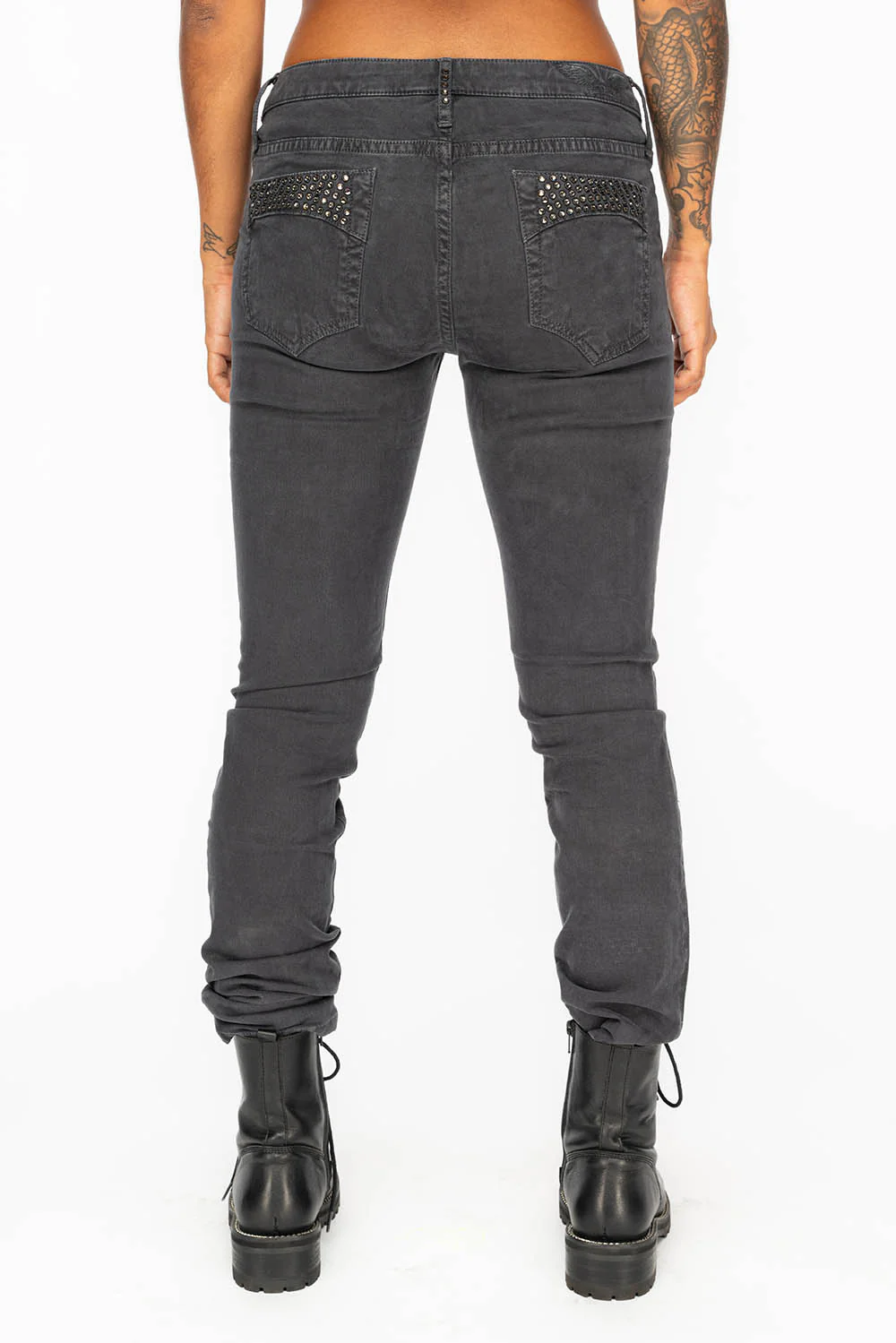 JANE MID RISE WOMENS SKINNY JEANS IN CHARCOAL BLACK DIAMOND CRYSTALS - Image 2