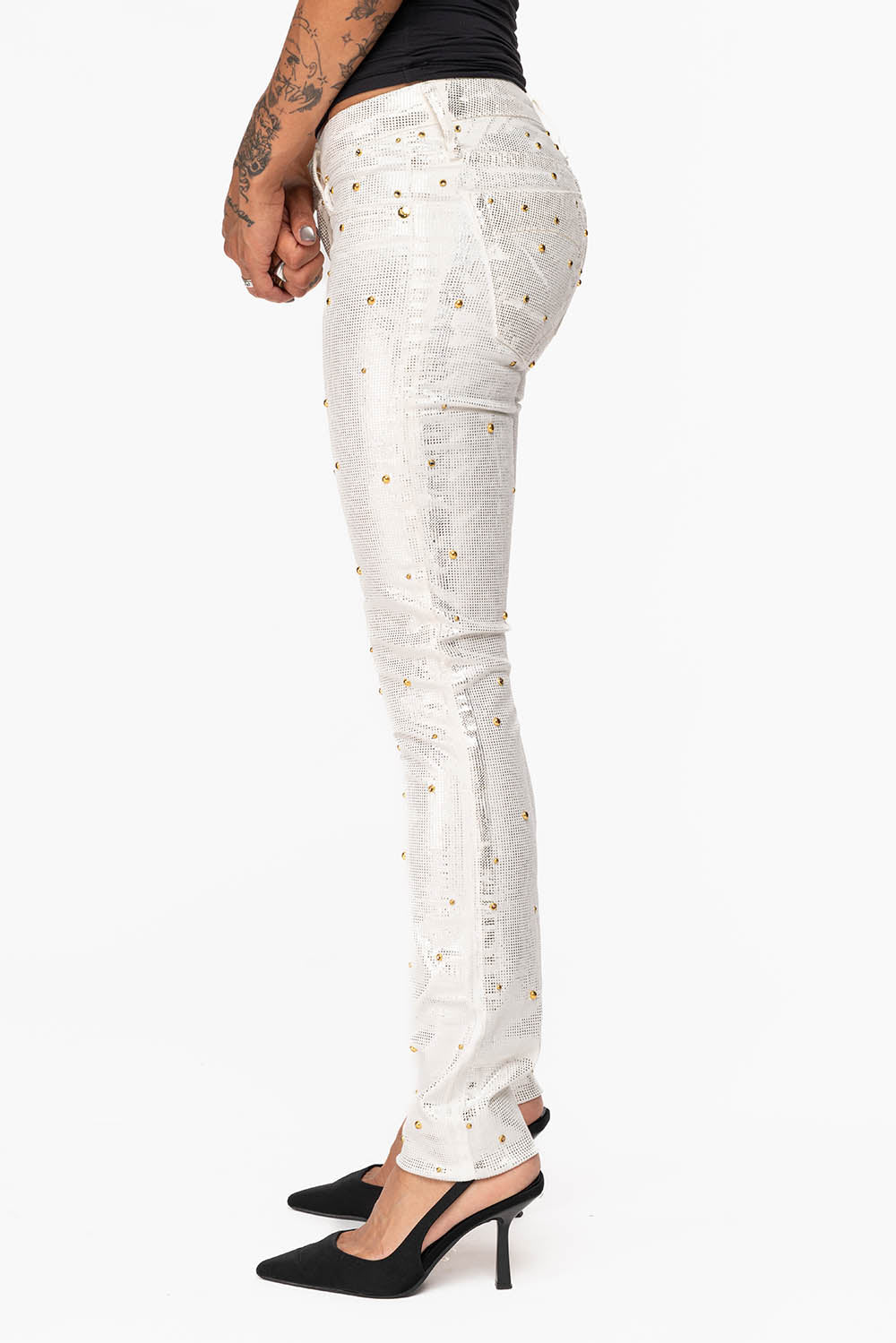 JANE MID RISE WOMENS SKINNY JEANS IN DISCO WHITE  COATING WITH  GOLD STUDS &  CRYSTALS ALL OVER - Image 5