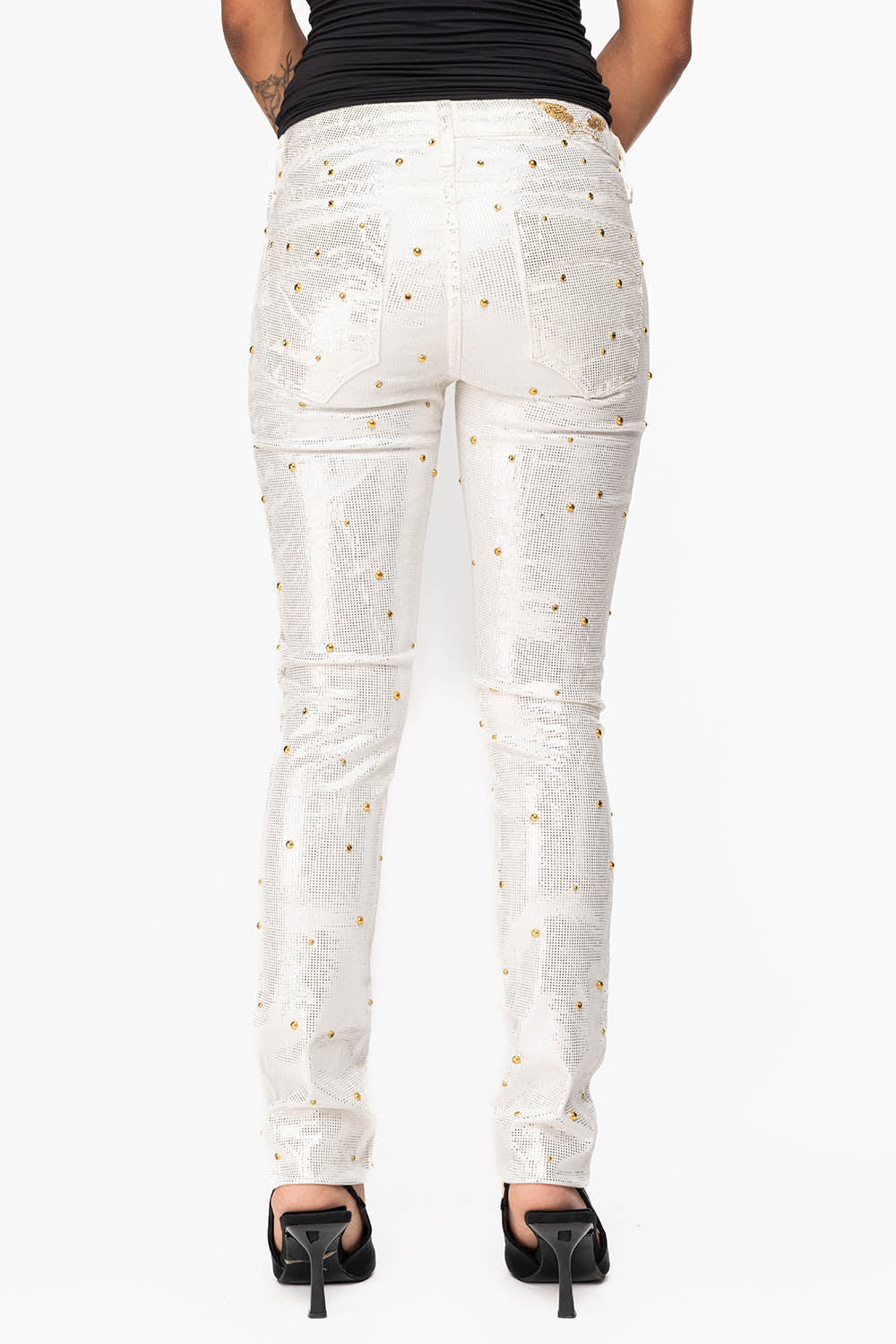 JANE MID RISE WOMENS SKINNY JEANS IN DISCO WHITE  COATING WITH  GOLD STUDS &  CRYSTALS ALL OVER - Image 6