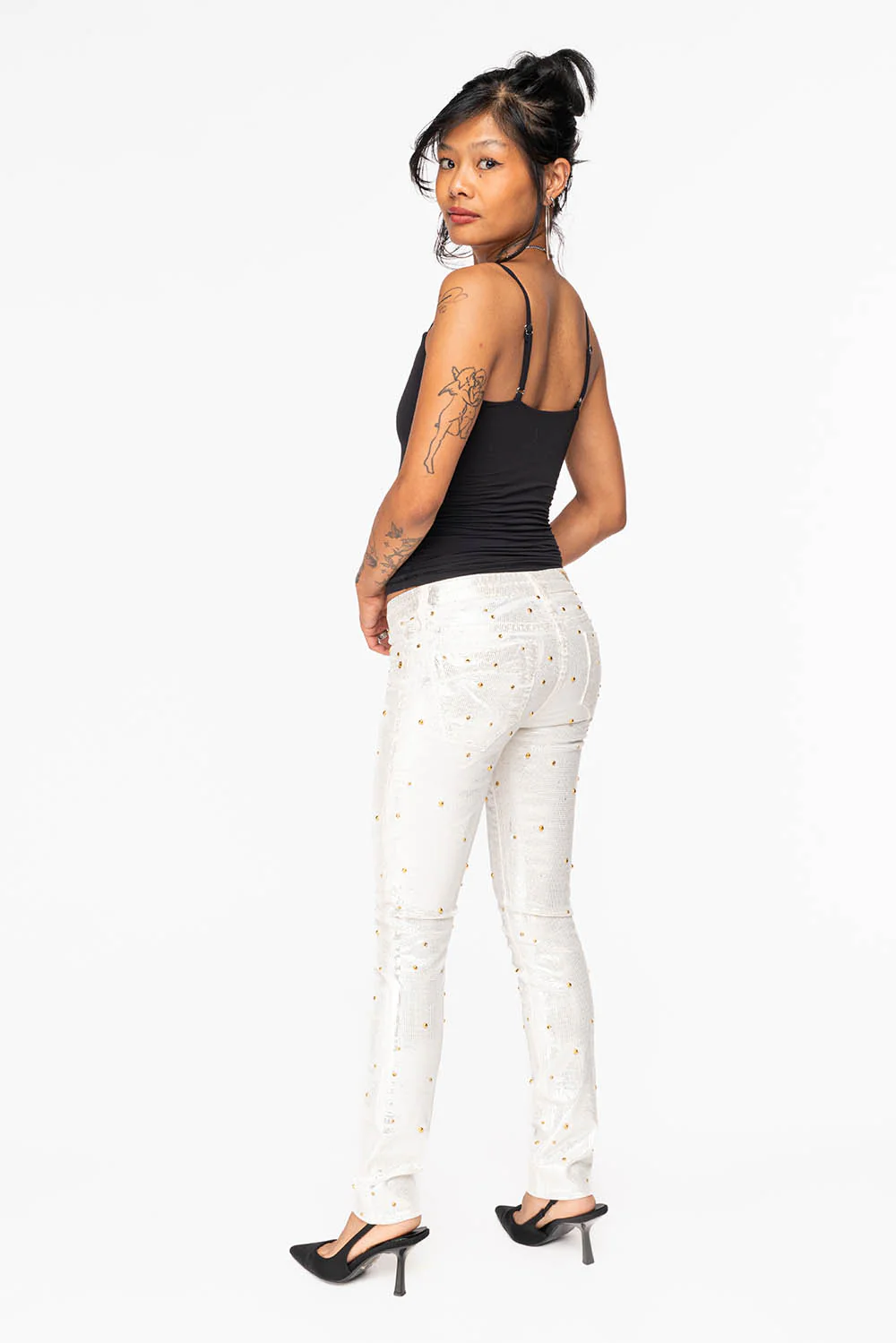 JANE MID RISE WOMENS SKINNY JEANS IN DISCO WHITE  COATING WITH  GOLD STUDS &  CRYSTALS ALL OVER - Image 8