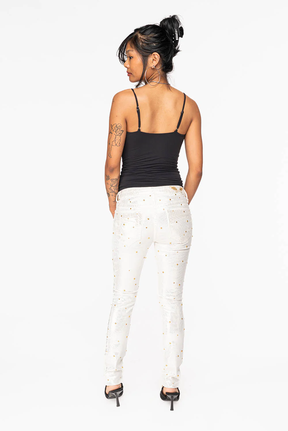 JANE MID RISE WOMENS SKINNY JEANS IN DISCO WHITE  COATING WITH  GOLD STUDS &  CRYSTALS ALL OVER - Image 9