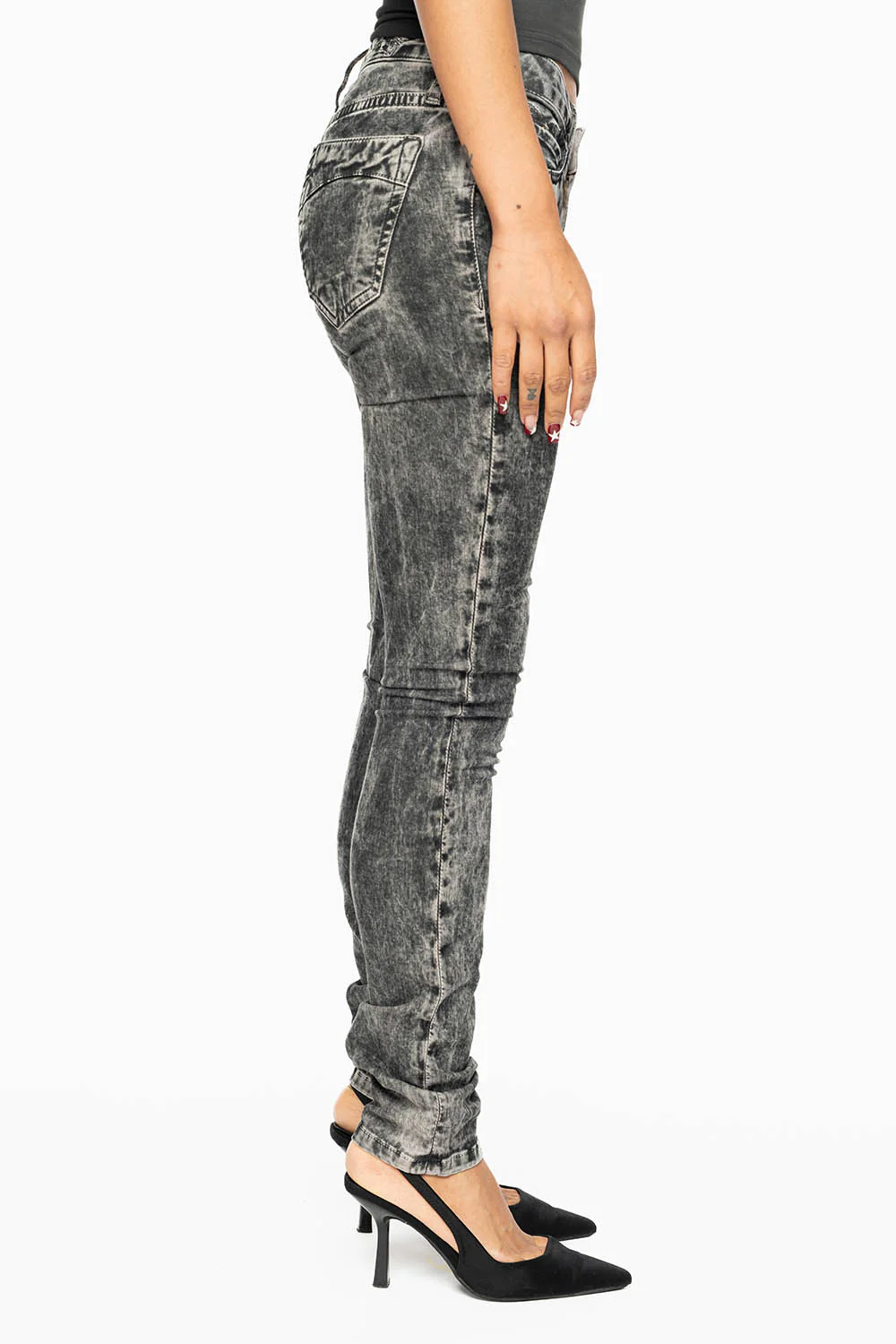 JANE MID RISE WOMENS SKINNY JEANS IN GARY LIGHT GREY WASH - Image 4