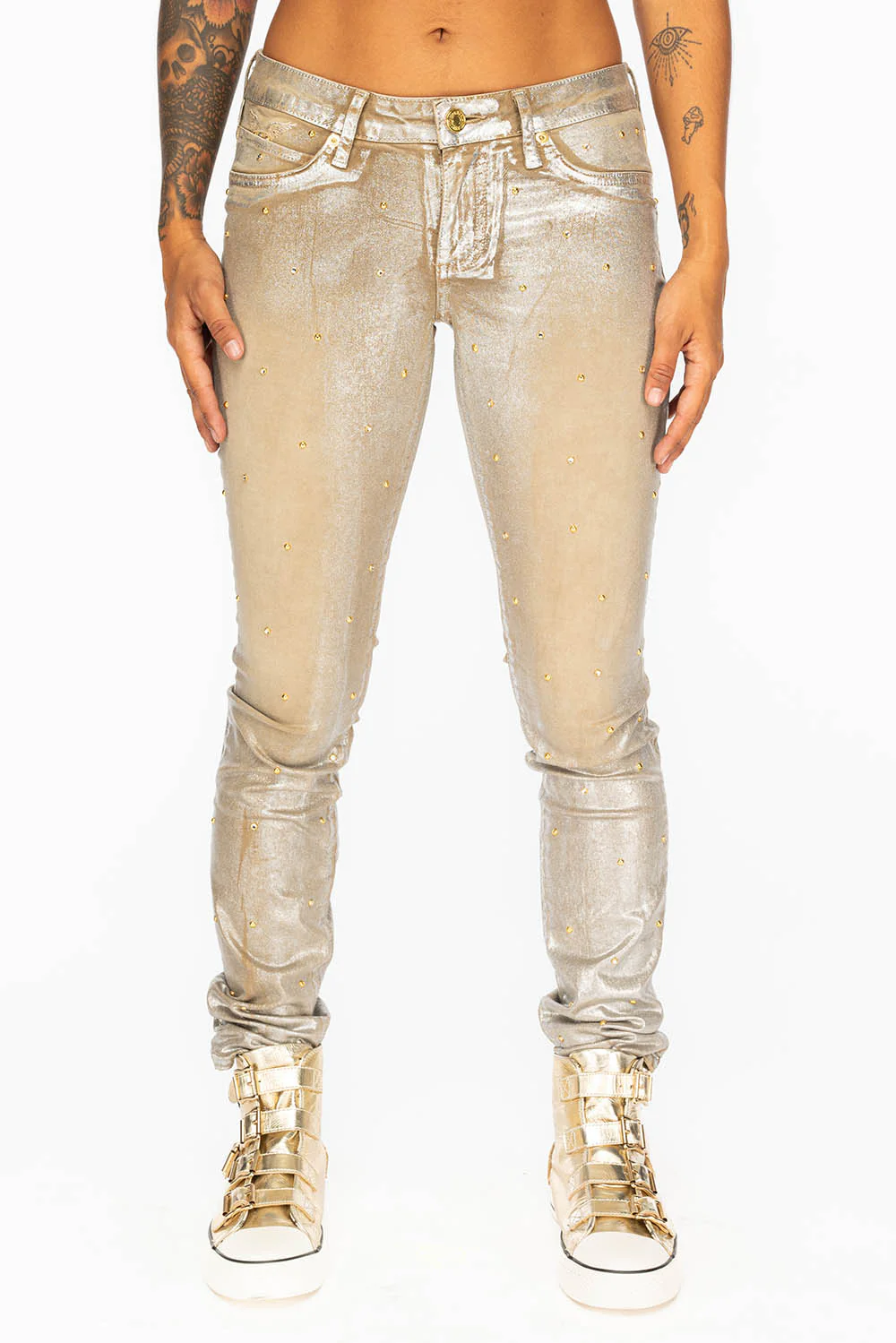 JANE MID RISE WOMENS SKINNY JEANS IN KHAKI LISA SILVER WITH TONAL WINGS AND CRYSTALS - Image 2