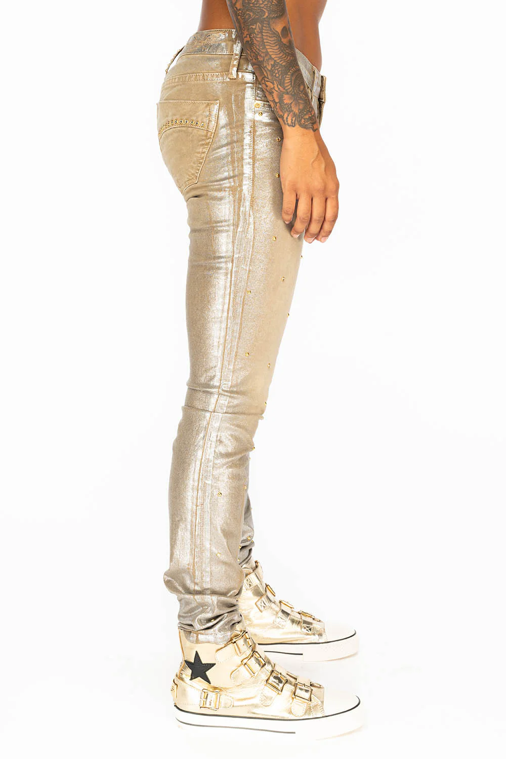 JANE MID RISE WOMENS SKINNY JEANS IN KHAKI LISA SILVER WITH TONAL WINGS AND CRYSTALS - Image 3