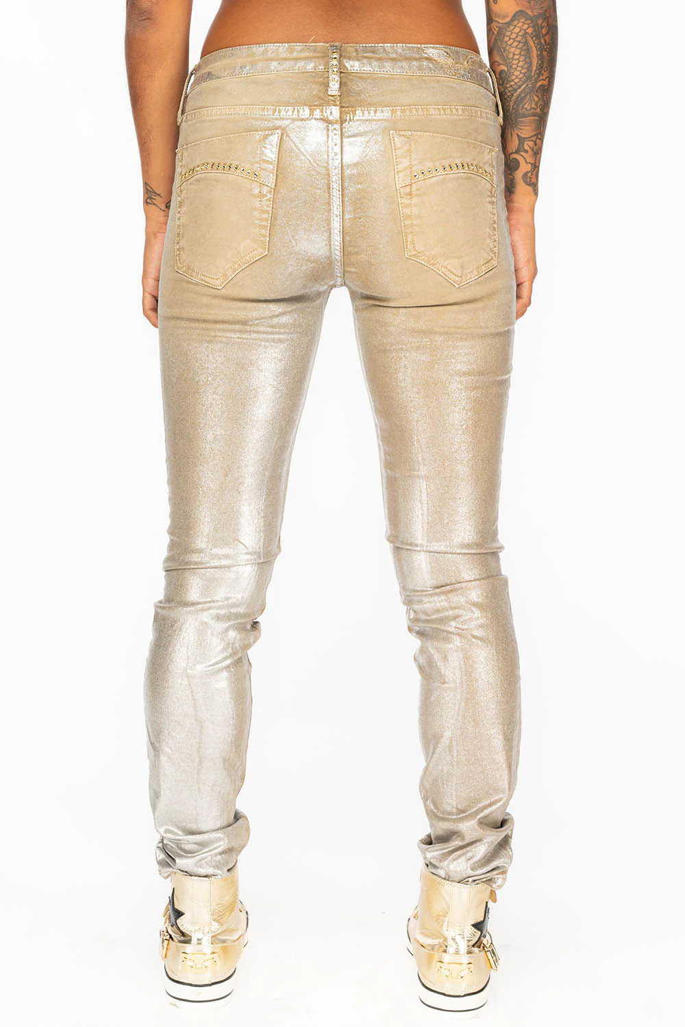 JANE MID RISE WOMENS SKINNY JEANS IN KHAKI LISA SILVER WITH TONAL WINGS AND CRYSTALS - Image 4