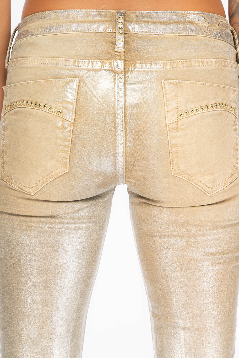 JANE MID RISE WOMENS SKINNY JEANS IN KHAKI LISA SILVER WITH TONAL WINGS AND CRYSTALS - Image 5