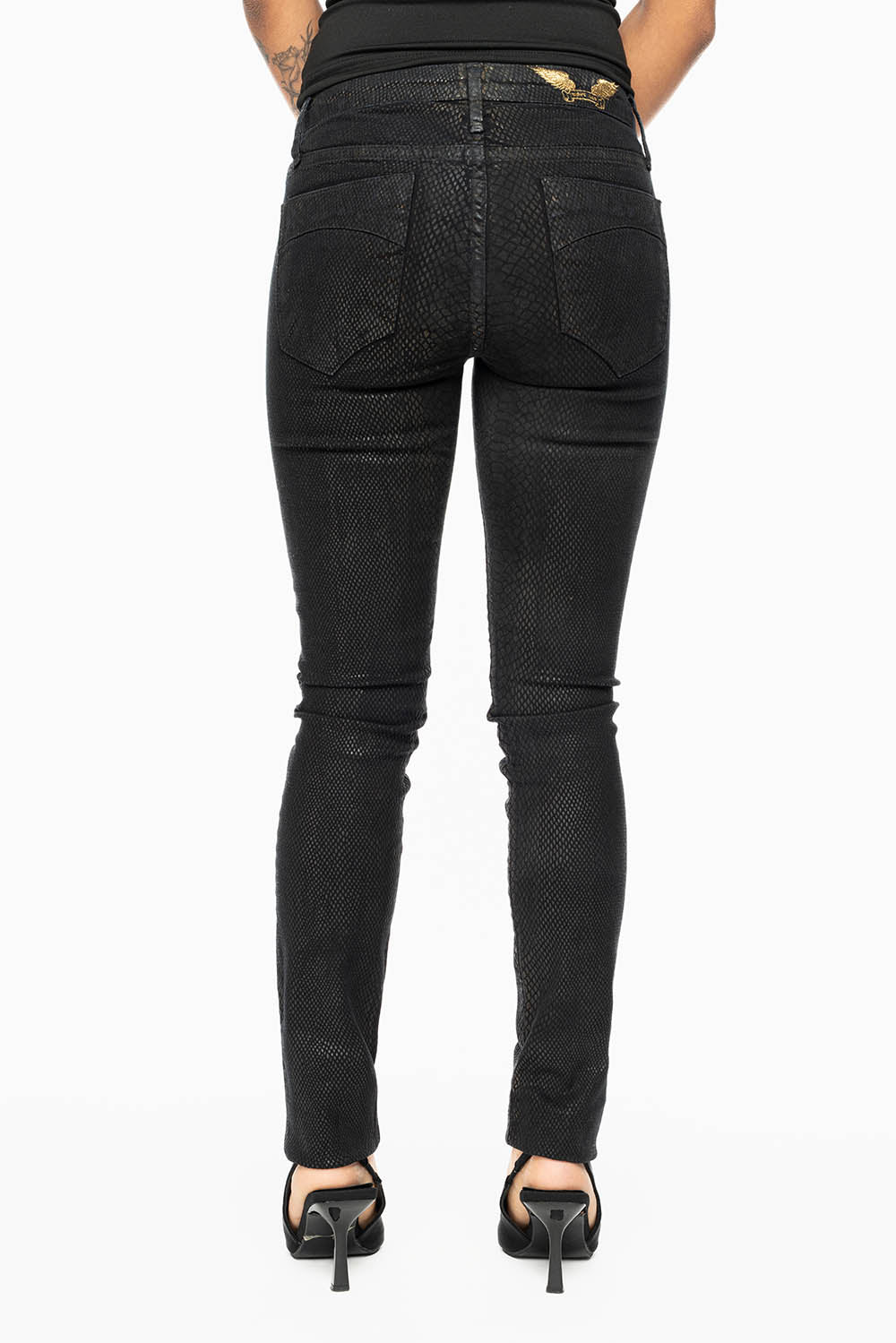 JANE MID RISE WOMENS SKINNY JEANS IN LIZARD BLACK - Image 3