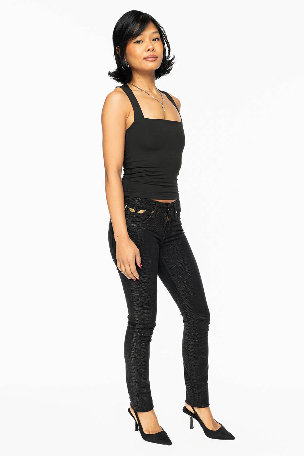 JANE MID RISE WOMENS SKINNY JEANS IN LIZARD BLACK - Image 5