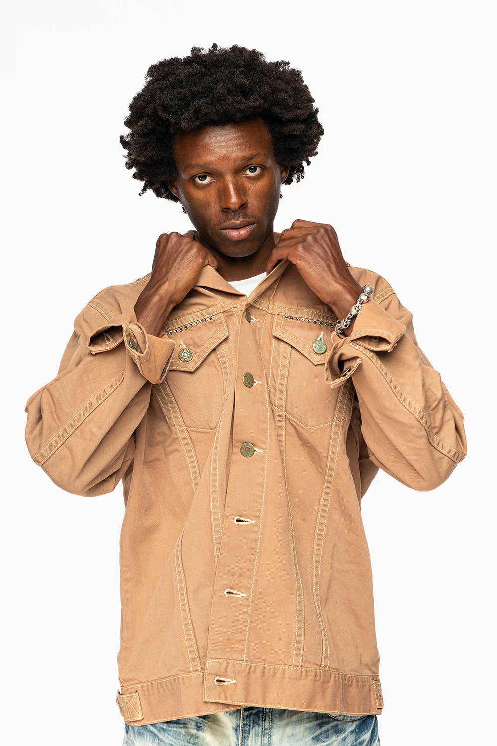 KHAKI JEAN JACKET EMBELISHED WITH CRYSTALS - Image 3