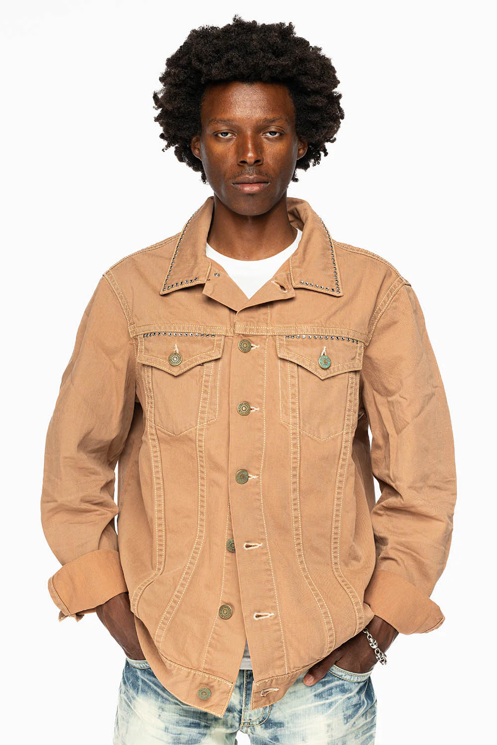 KHAKI JEAN JACKET EMBELISHED WITH CRYSTALS - Image 6