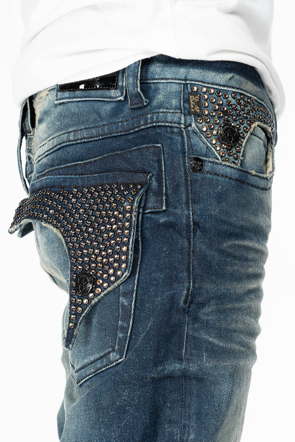 KILLER FLAP MENS STRAIGHT LEG JEANS IN ALBANY DARK FULLY EMBELLISHED WITH SMOKY TOPAZ CRYSTALS - Image 2