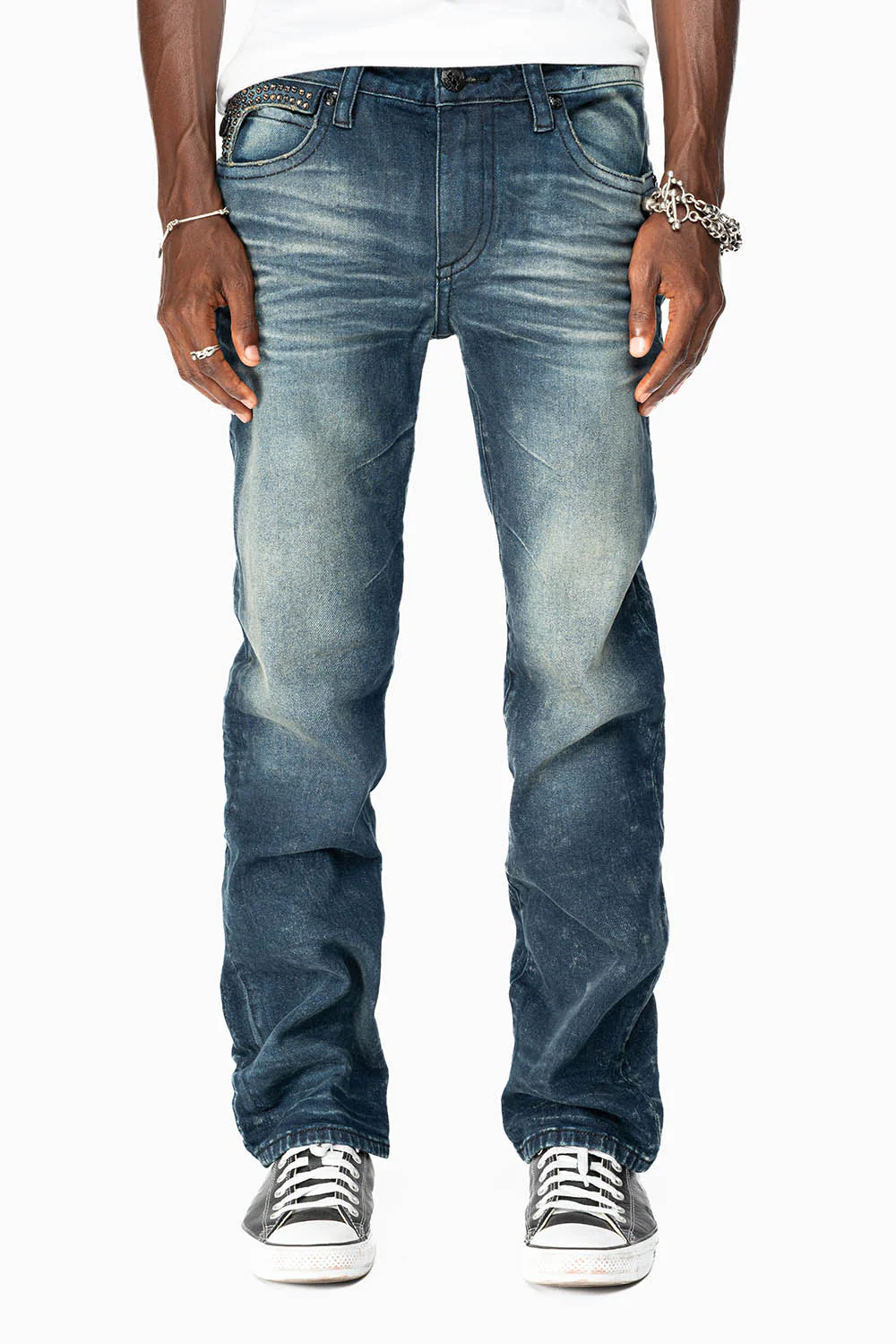 KILLER FLAP MENS STRAIGHT LEG JEANS IN ALBANY DARK FULLY EMBELLISHED WITH SMOKY TOPAZ CRYSTALS - Image 3