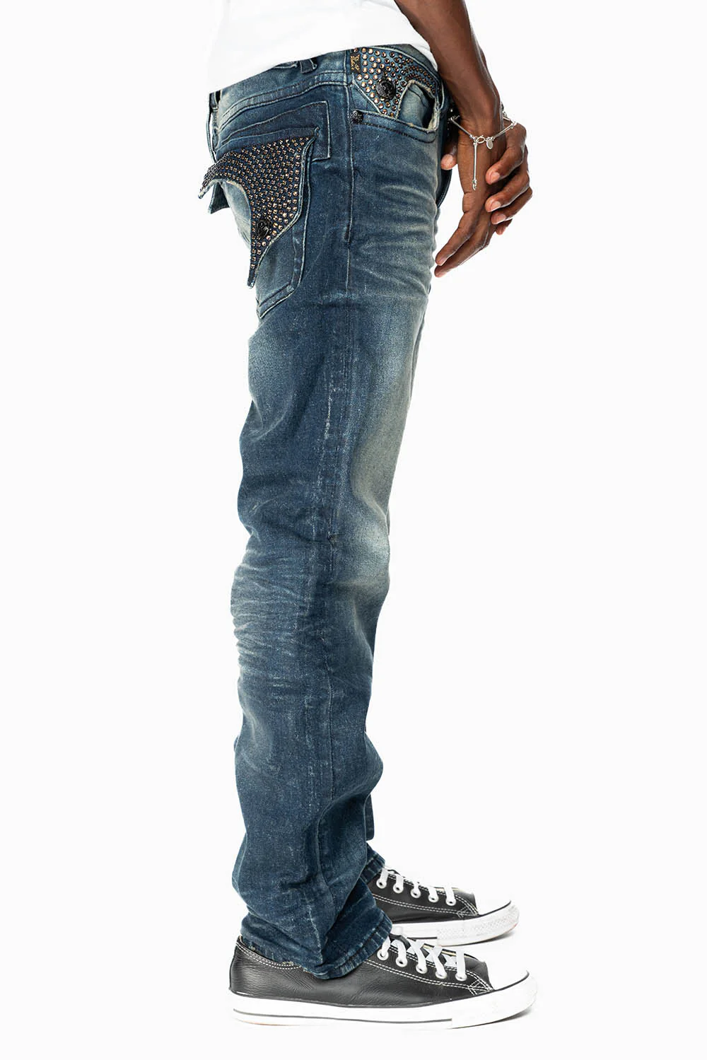 KILLER FLAP MENS STRAIGHT LEG JEANS IN ALBANY DARK FULLY EMBELLISHED WITH SMOKY TOPAZ CRYSTALS - Image 4
