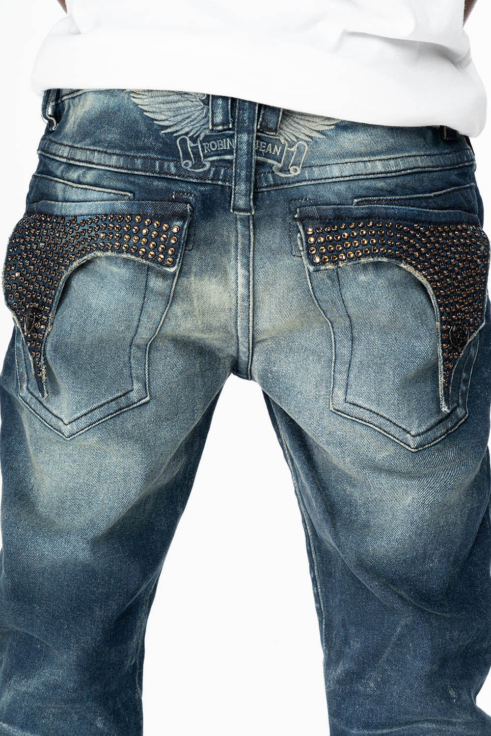 KILLER FLAP MENS STRAIGHT LEG JEANS IN ALBANY DARK FULLY EMBELLISHED WITH SMOKY TOPAZ CRYSTALS - Image 6