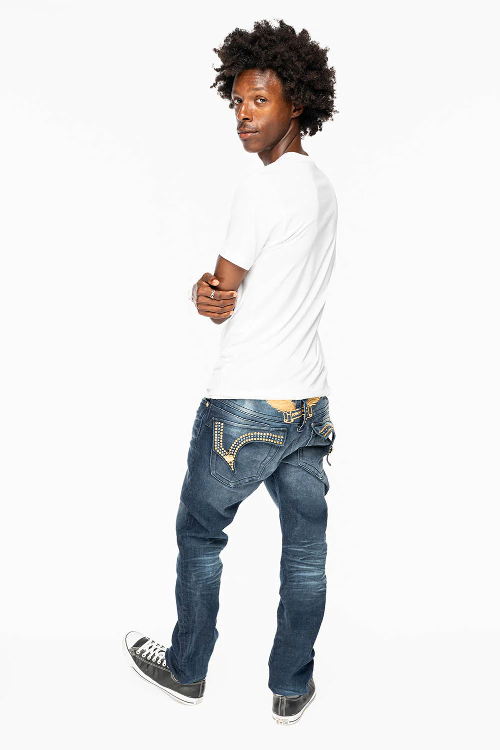 KILLER FLAP MENS SKINNY JEAN IN OMAHA DARK WASH EMBELLISHED WITH AURUM & AQUA MARINE CRYSTALS