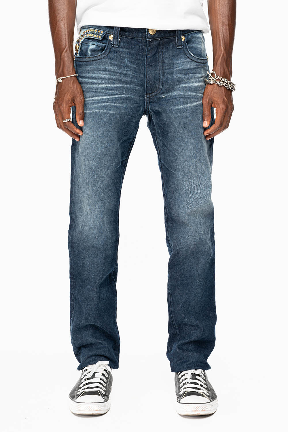 KILLER FLAP MENS SKINNY JEAN IN OMAHA DARK WASH EMBELLISHED WITH AURUM & AQUA MARINE CRYSTALS - Image 3