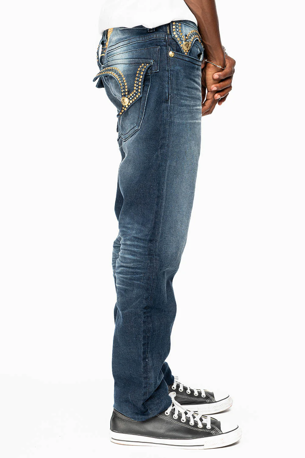 KILLER FLAP MENS SKINNY JEAN IN OMAHA DARK WASH EMBELLISHED WITH AURUM & AQUA MARINE CRYSTALS - Image 4