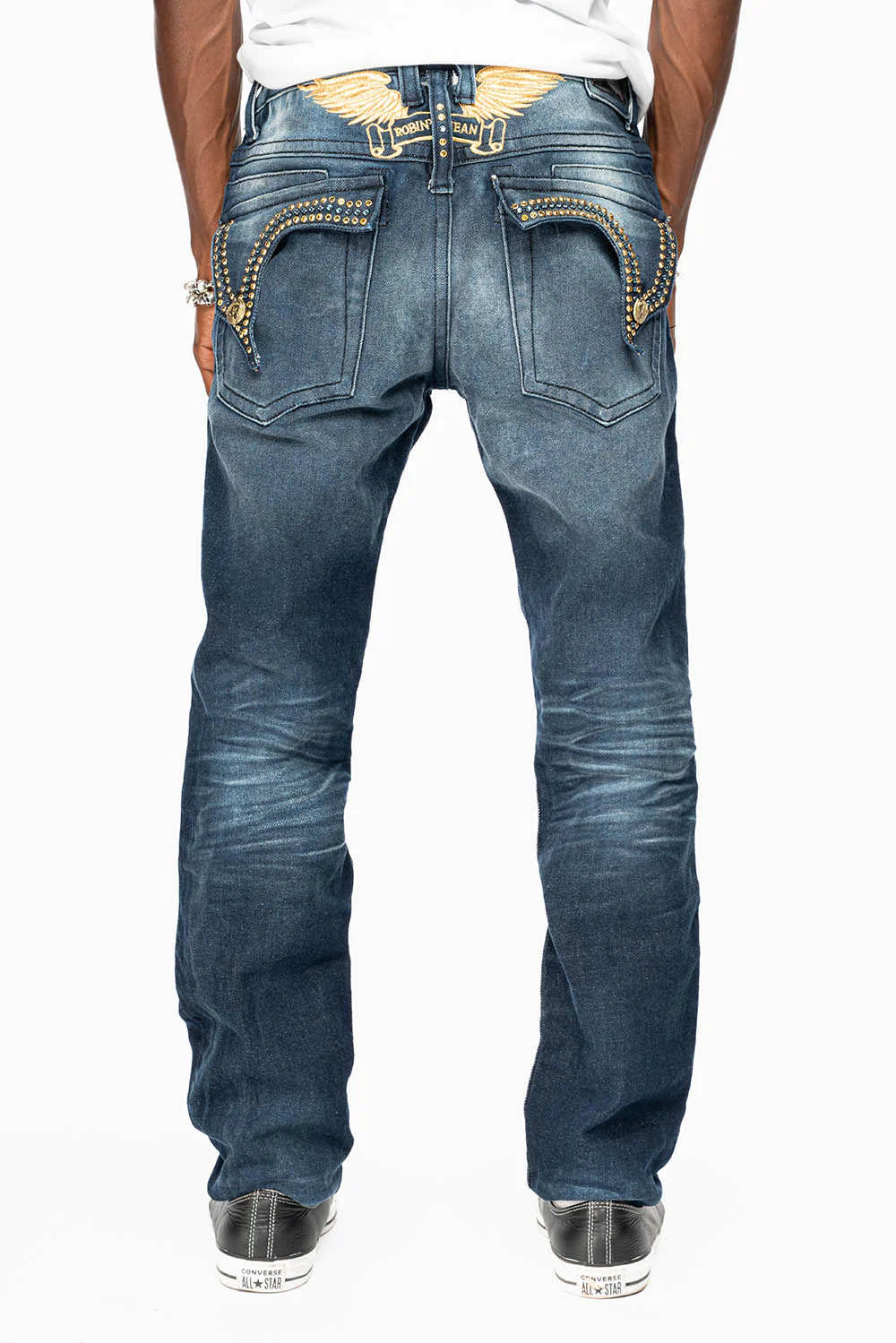 KILLER FLAP MENS SKINNY JEAN IN OMAHA DARK WASH EMBELLISHED WITH AURUM & AQUA MARINE CRYSTALS - Image 5
