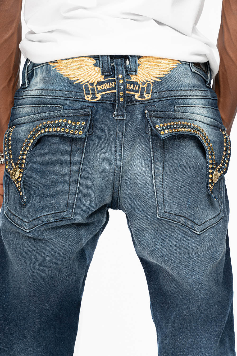 KILLER FLAP MENS SKINNY JEAN IN OMAHA DARK WASH EMBELLISHED WITH AURUM & AQUA MARINE CRYSTALS - Image 6